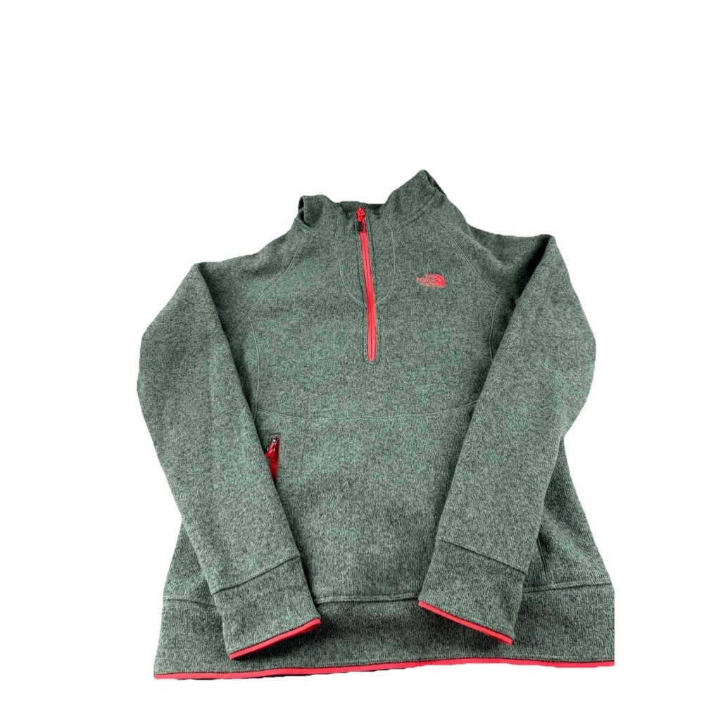 The North Face Hooded Pullover Fleece Jacket Womens Large Green Half Zip Pockets